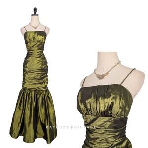 Vintage Prom Dress Maxi Gown M Green Y2K Goth Princess Mermaid Empire Ruched